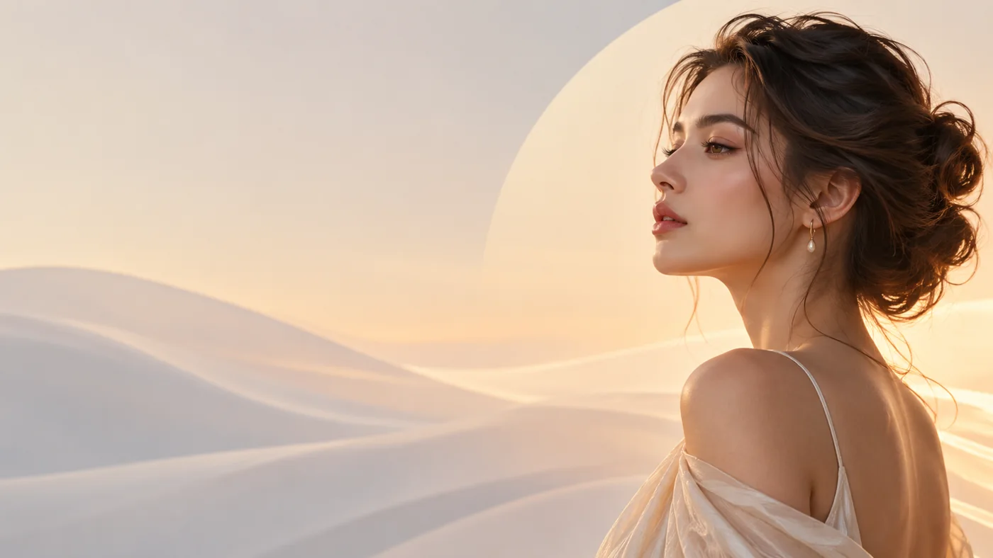 Perfil feminino em luz suave e dourada